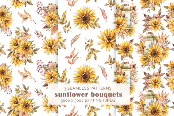 3 Watercolor Sunflower Seamless Patterns