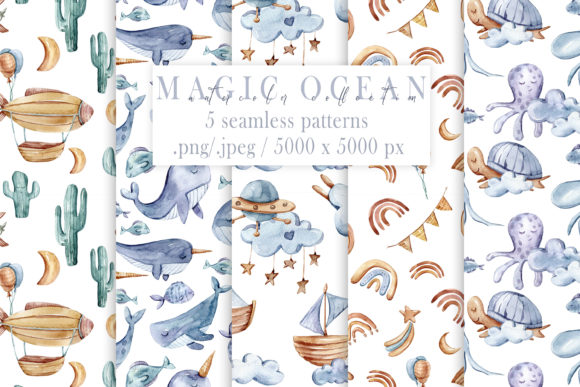 5 Watercolor Nautical Seamless Patterns