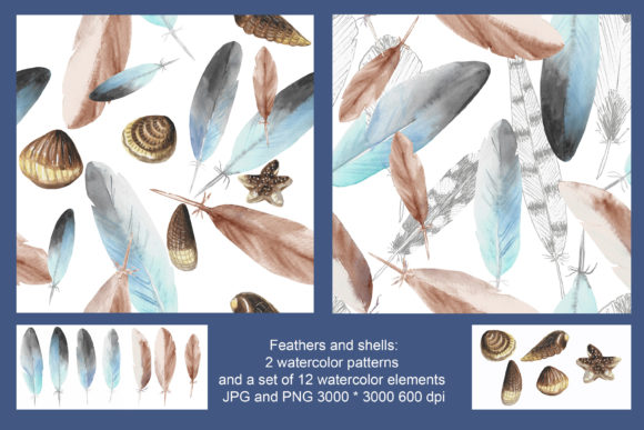 Feathers, Shells 2 Watercolor Patterns